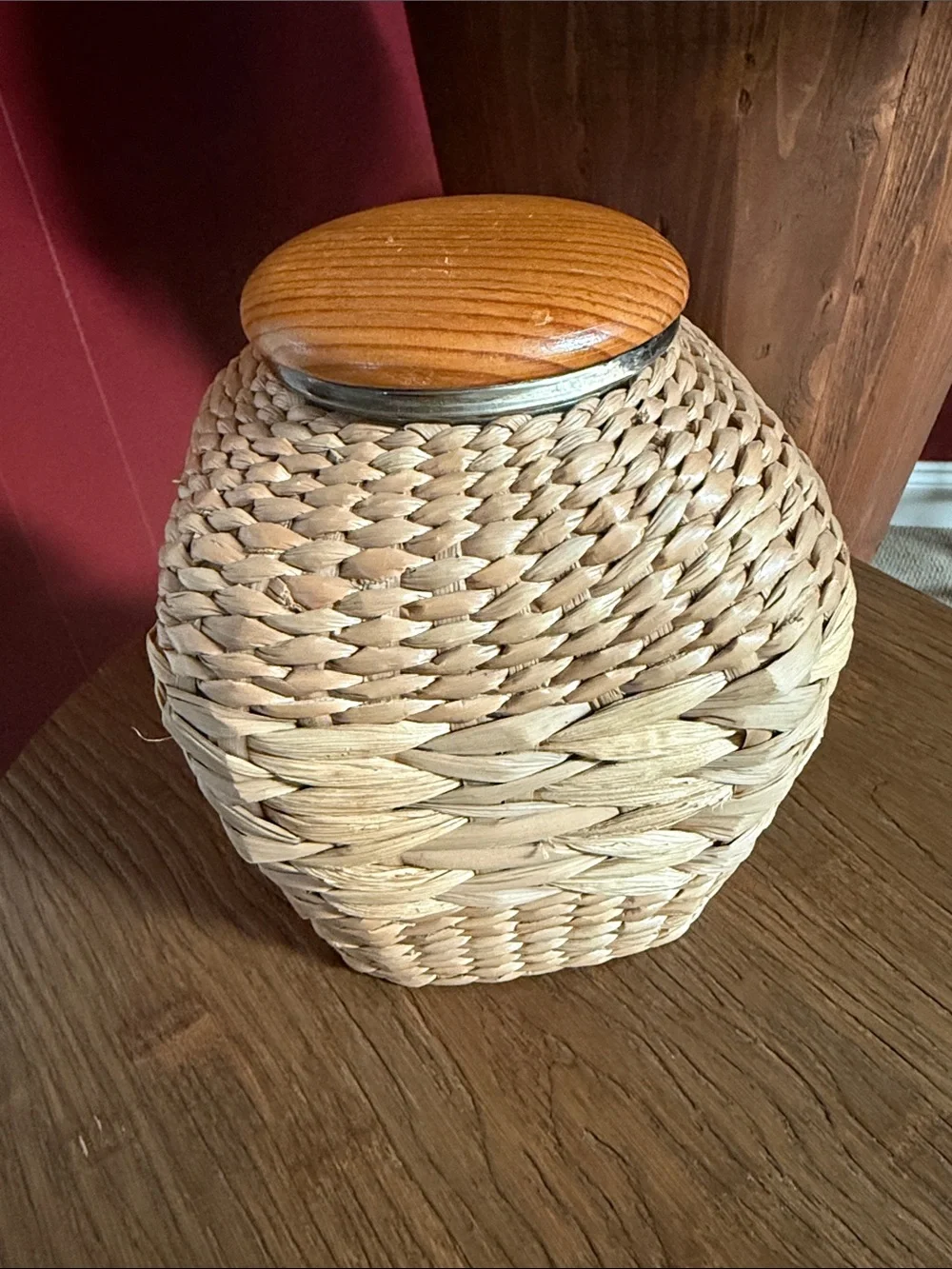 Small Glass Jar Woven Wicker Wrap with lid. Beautiful